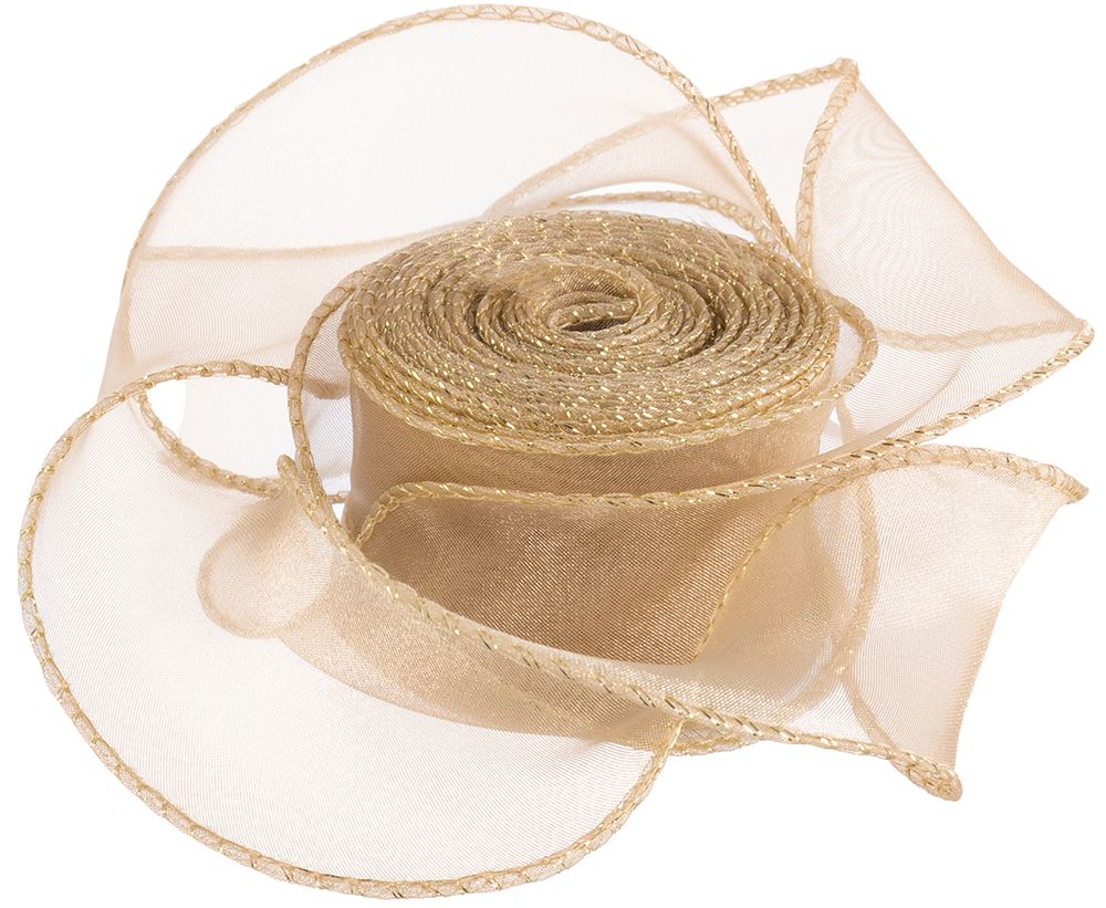Лента Органза с леской, золотая кайма, золото 4 см К