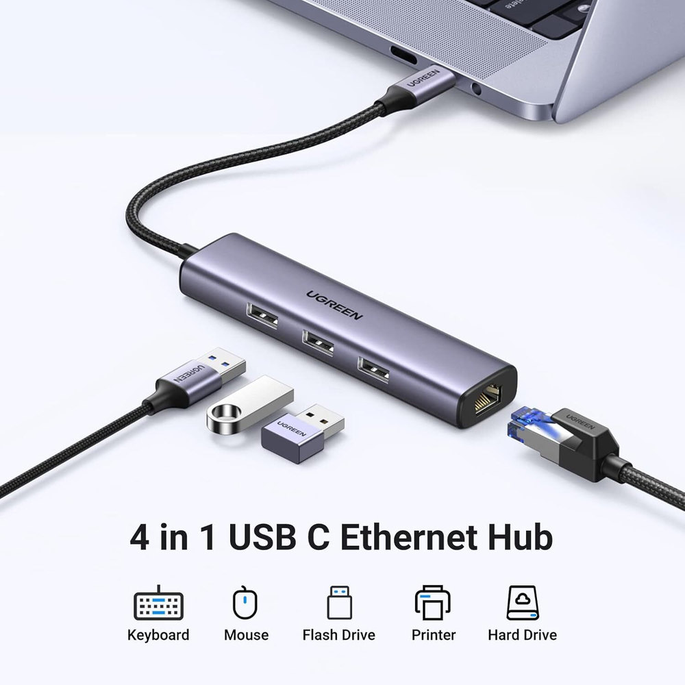 Конвертер USB 3.1 Type C на LAN RJ-45,1000Mbps + USB 3.0 HUB 3 port, 0.2m UGREEN 60600