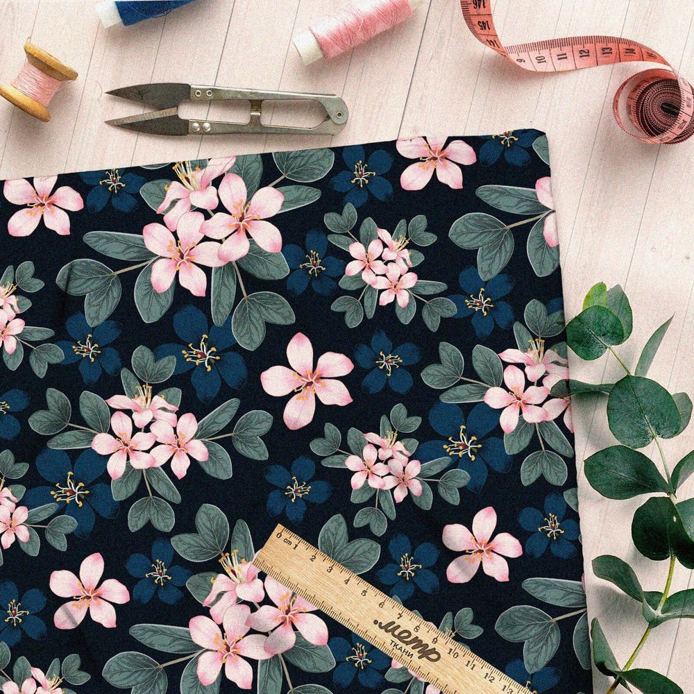 Ткань дюспо нежно розовые цветы с листьями