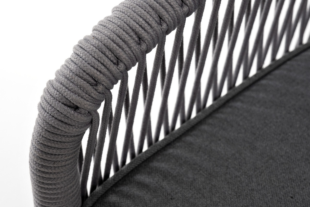 "Канны" диван 3-местный плетеный из роупа, каркас алюминий белый муар, роуп светло-серый круглый, ткань серая 017