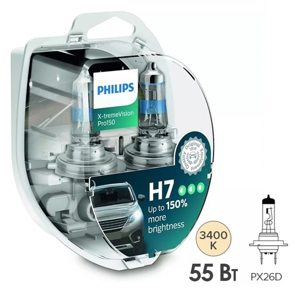 Автолампа H7 12V- 55W Philips (PX26d) (+150%) X-treme Vision Pro150 (кт2шт) P-12972XVPS2