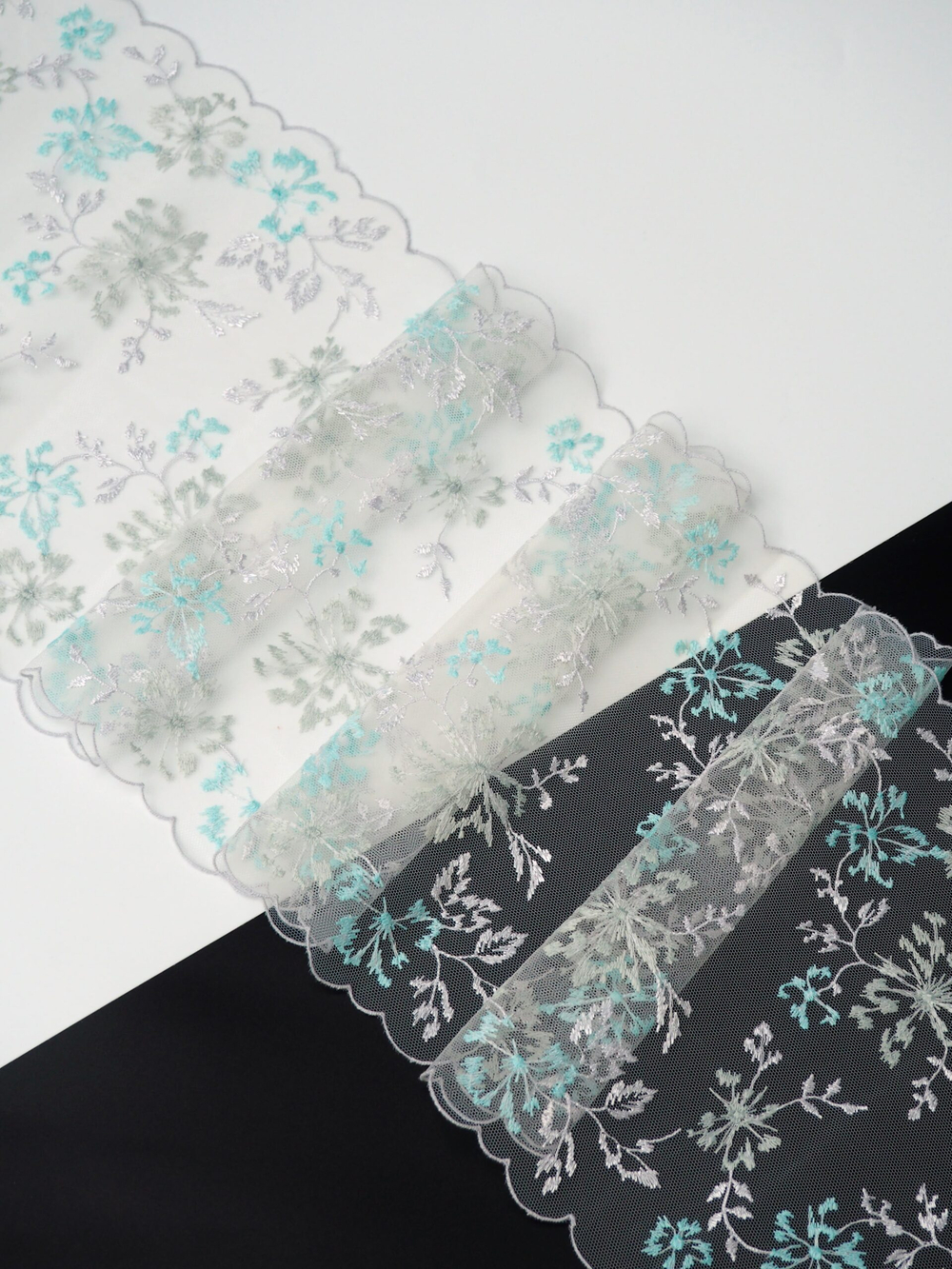 Вышивка на сетке светло-серая с серым и пыльной мятой неэластичная ширина 21 см