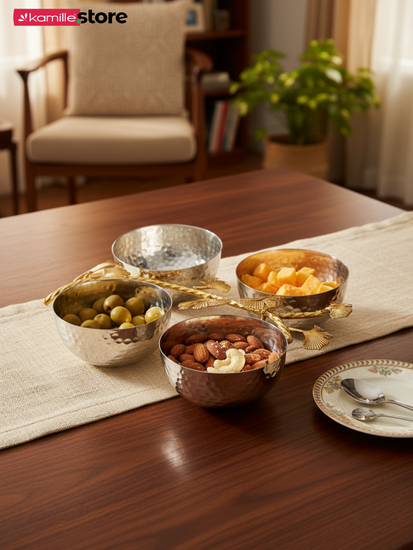 Менажница 4 отделения из нержавеющей стали с золотистым декором