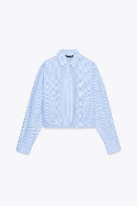 ZARA ПОПЛИНОВАЯ РУБАШКА В ПОЛОСКУ, ЭКРЮ/СИНИЙ