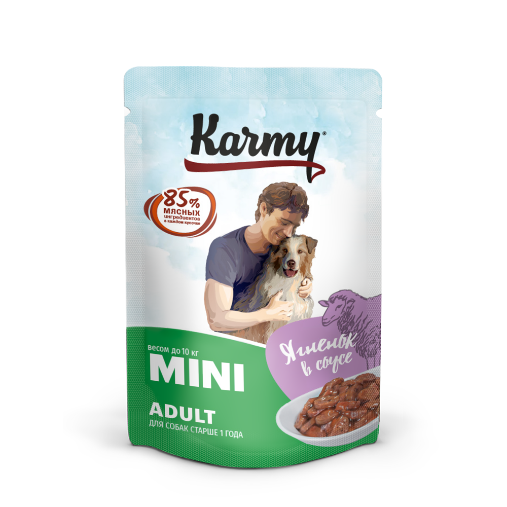 Влажный корм для собак мелких и миниатюрных пород старше 1 года, Karmy Mini Ягнёнок в соусе