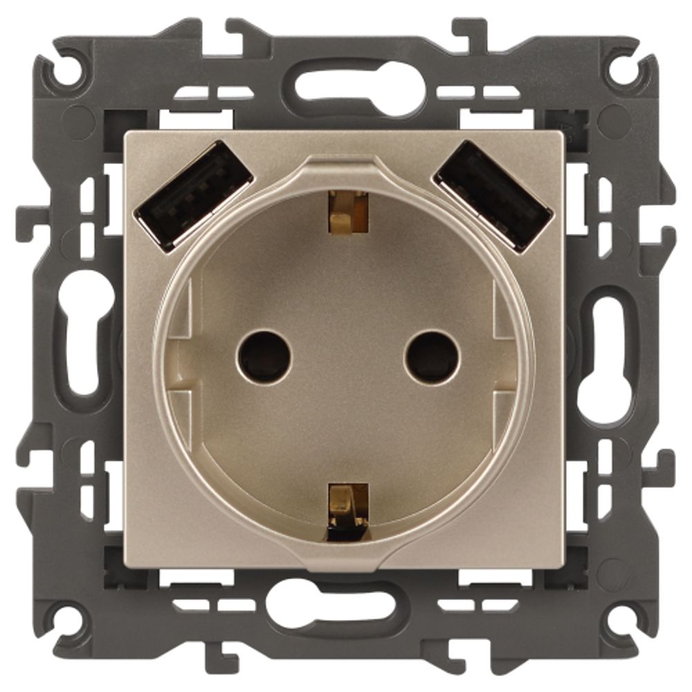14-4109-04 ЭРА Розетка 2P+E 16A-250В, штор. с 2xUSB 5В-3А, Эра Elegance, шампань