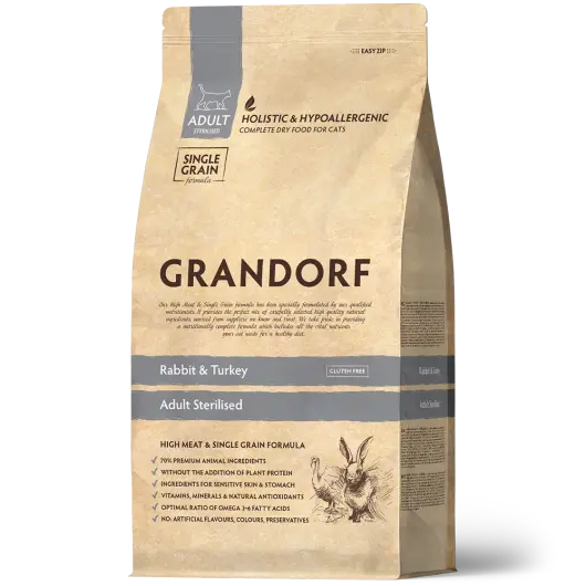 Сухой корм GRANDORF CAT Rabbit&Turkey STERILISED для стерилизованных кошек и котов, кролик и индейка 0,4кг