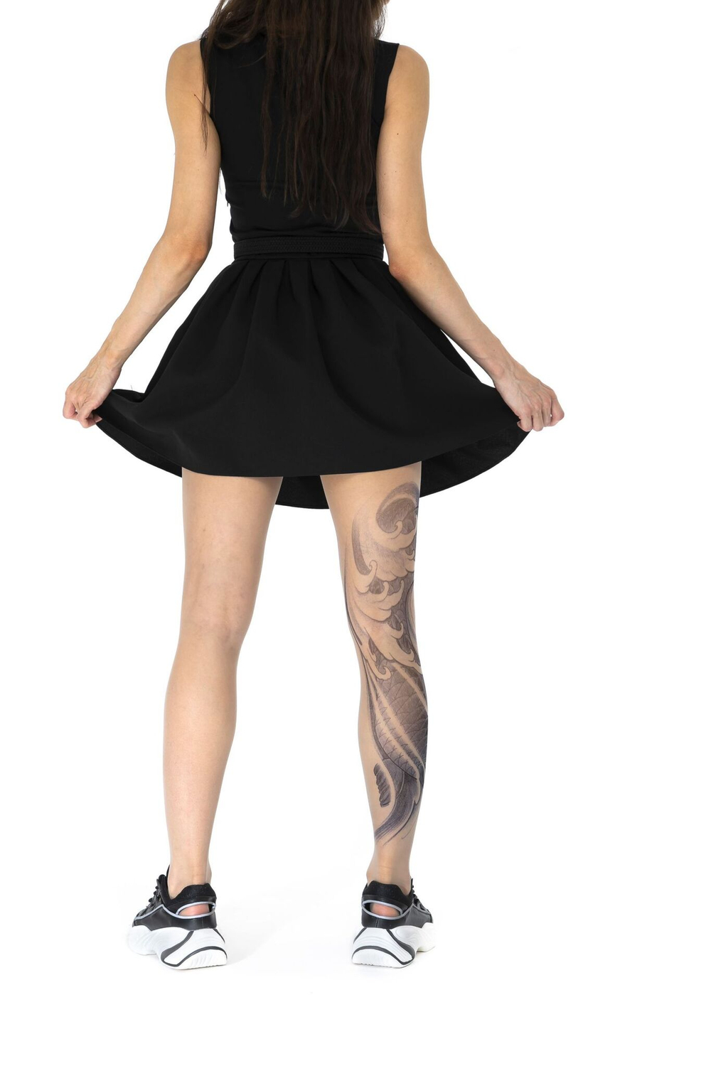 Колготки с принтом в виде черного карпа кои на правой ножке (Размер: S-M-L) (Цвет: бежевый)