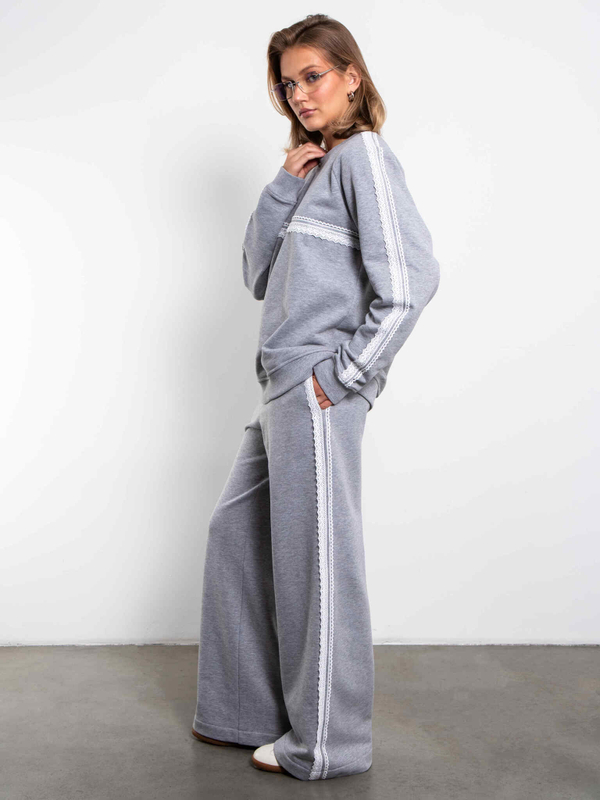 Брюки палаццо с кружевом, c начесом (серый меланж)