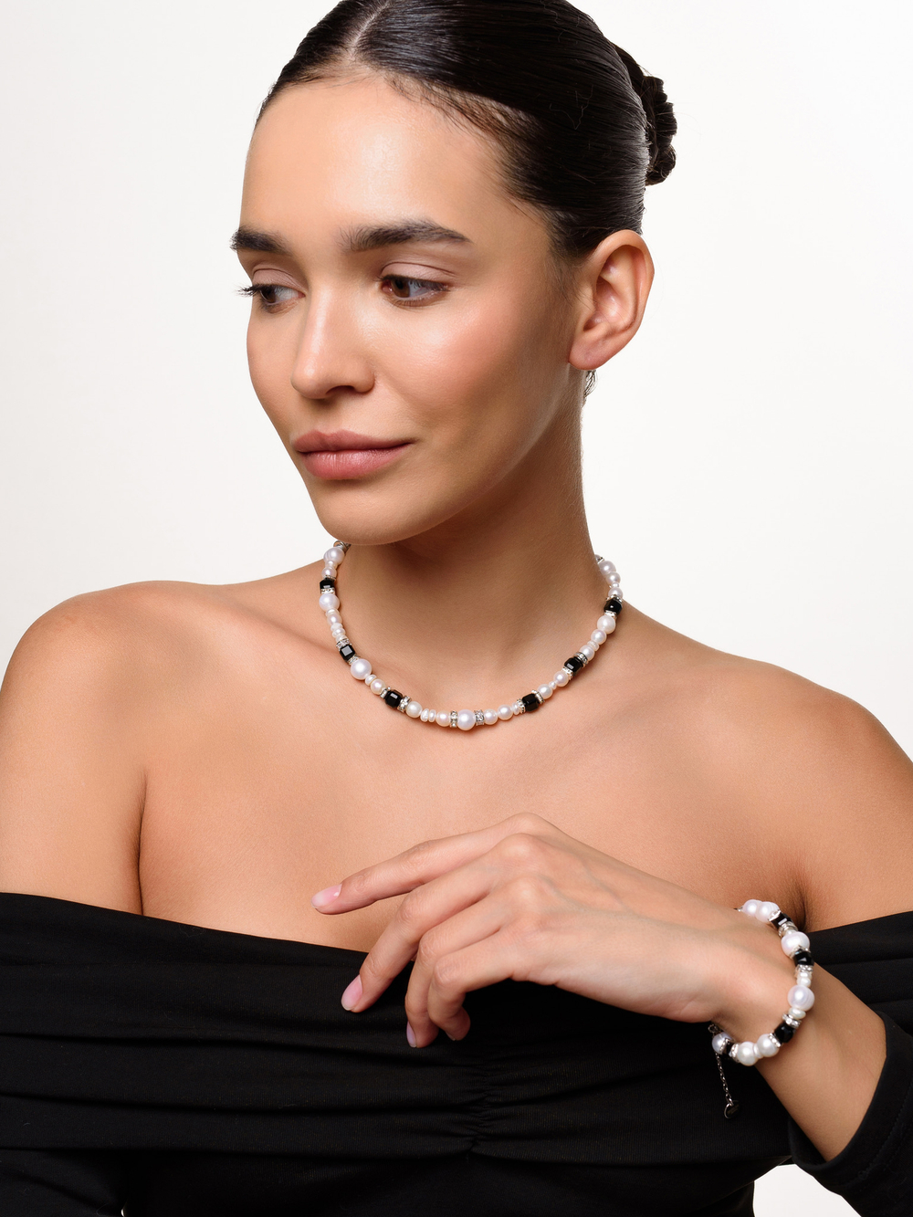 Браслет "Pearl charm" с черным агатом Silver