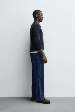 ZARA ПОЛО ИЗ ЖЕМЧУЖНОГО ТРИКОТАЖА, МОРСКОЙ СИНИЙ