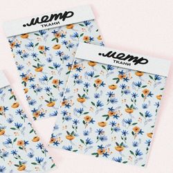 Ткань барби оранжевые цветочки с голубыми листочками