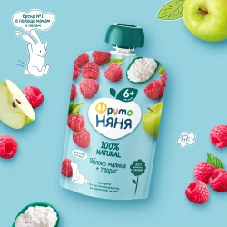 Фрутоняня пауч пюре из яблок, малины и творога 90г с 6 месяцев
