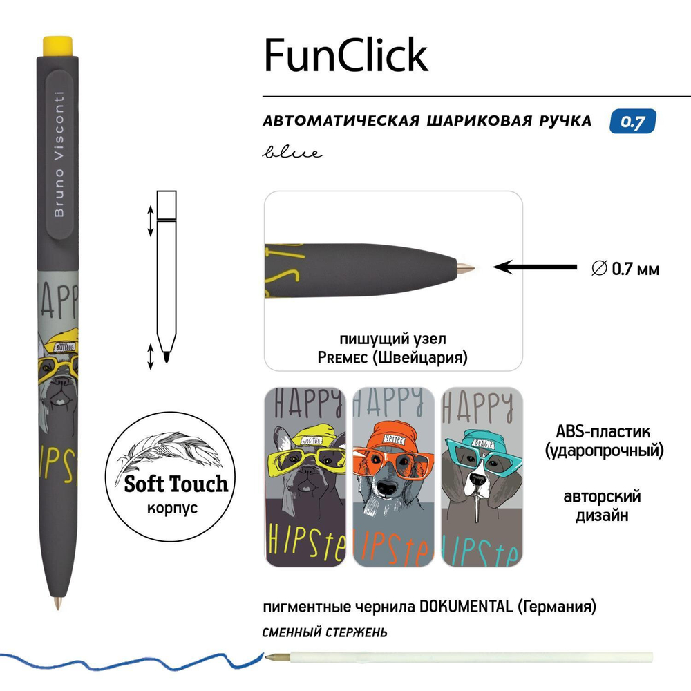 Ручка шариковая автоматическая BRUNO VISCONTI "FunClick", СИНЯЯ, "Псы на стиле", ассорти, линия письма 0,5 мм, 20-0297/08