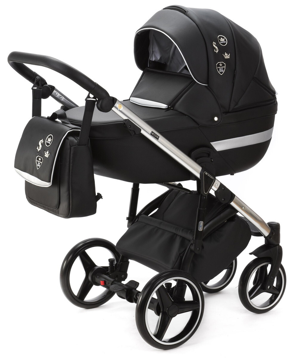 Детская коляска Adamex Cortina Deluxe 3 в 1 CT334/A (ЧЕРН.КОЖА+СЕРЕБ.ОТДЕЛКА+ХРОМ РАМА)