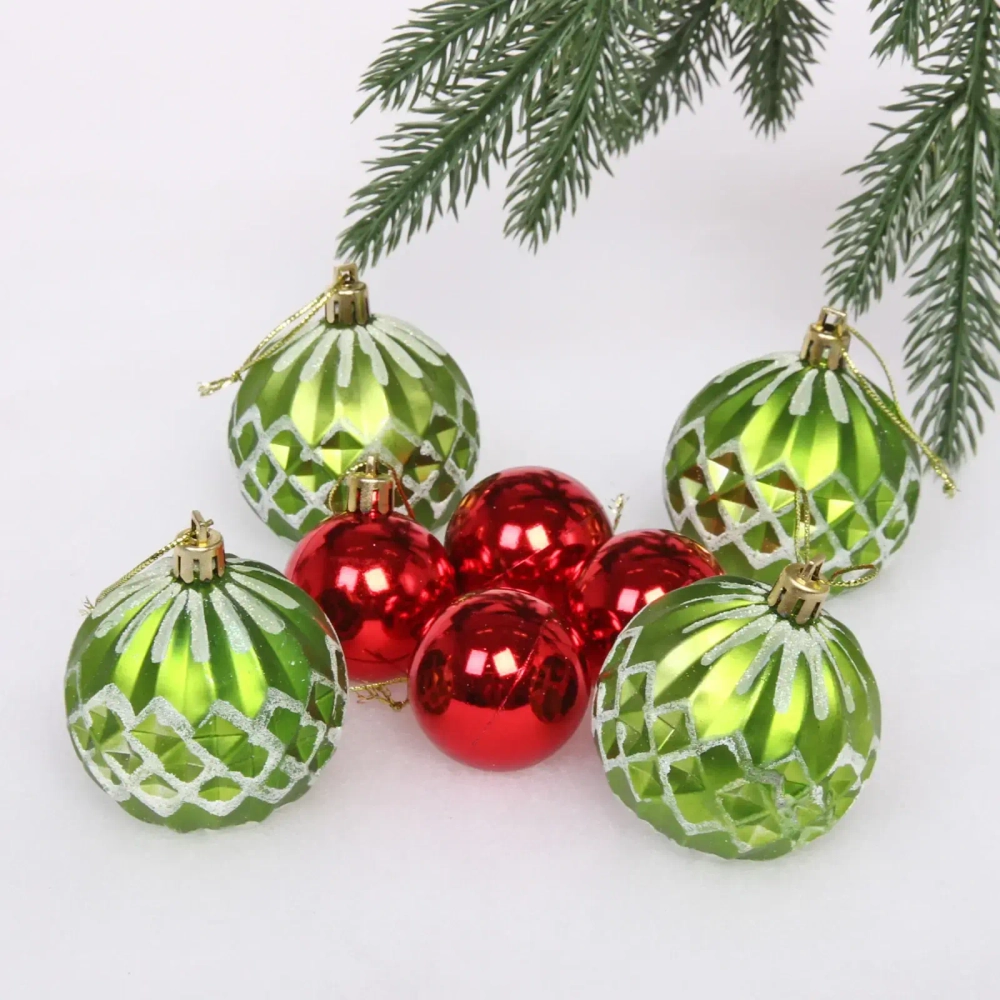 Новогодние шары 6/4 см (набор 8 шт) «Яркий восторг», Светло зеленый, красный