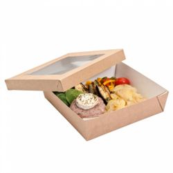 Ланч-бокс с крышкой (с окном), влагостойкий, 750 мл, 14*14*5 см, 25 шт/уп, коричневый ка