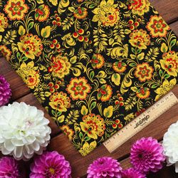 Ткань таффета хохлома на чёрном