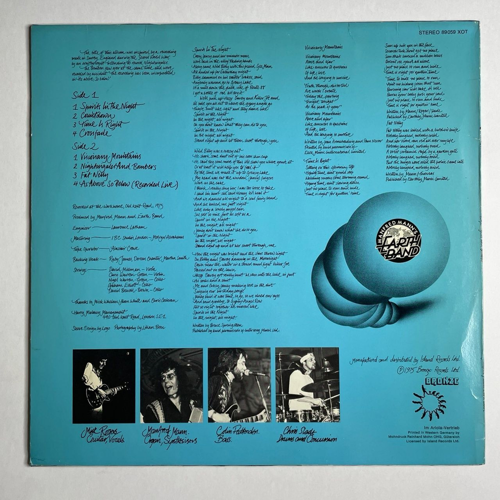 Винтажная виниловая пластинка LP Manfred Mann's Earth Band Nightingales and Bombers (Germany 1975) Fat Nelly