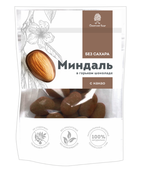 Миндаль в горьком шоколаде без сахара с корицей / 60 г / дой-пак / ТМ Сибирский кедр