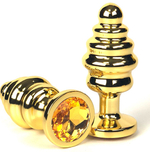 Золотистая ребристая анальная пробка с оранжевым кристаллом - 6 см. (Цвет: оранжевый)