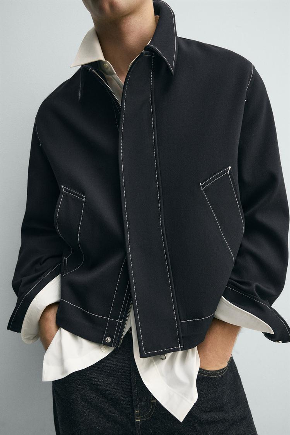 ZARA КУРТКА-РУБАШКА С КОНТРАСТНОЙ ОТСТРОЧКОЙ, МОРСКОЙ ТЕМНО-СИНИЙ