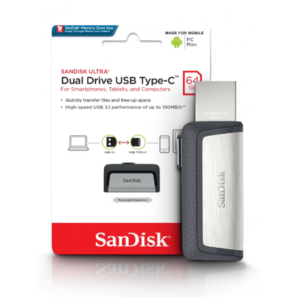 USB Флешка 64GB Sandisk Ultra Dual Type-C, USB 3.1, серая