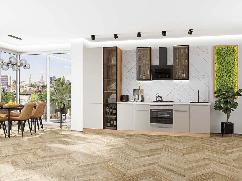 Прямая модульная кухня Фьюжн-08 Cream Silk - Дуб Вотан 2340*3400*600