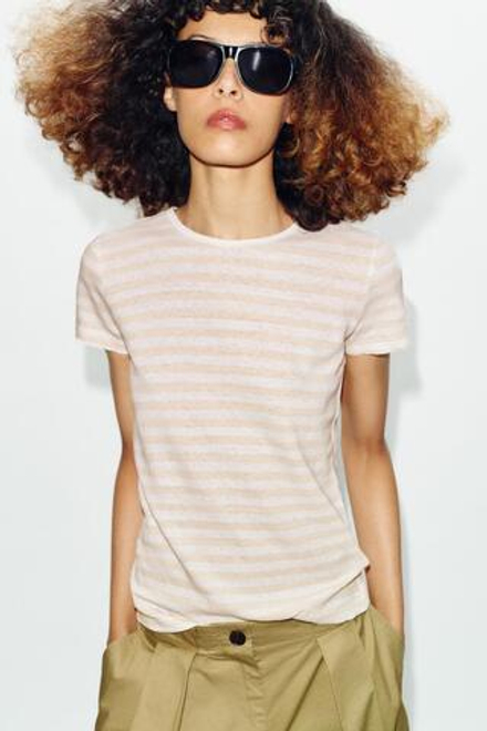 ZARA ФУТБОЛКА ИЗ ХЛОПКА И ЛЬНА С КОРОТКИМИ РУКАВАМИ, ПОЛОСКИ