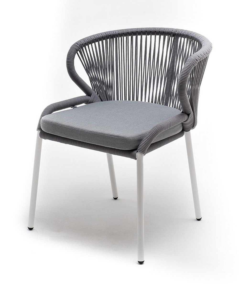 "Милан" стул плетеный из роупа, каркас алюминий белый шагрень, роуп светло-серый круглый, ткань светло-серая