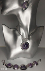 Комплект бижутерии подвеска, цепь, браслет, серьги Аметист Круг.(натуральный камень, бижутерный сплав)