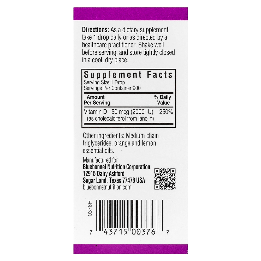 Bluebonnet Nutrition, жидкий витамин D3 в каплях, цитрус, 50 мкг (2000 МЕ), 30 мл (1 жидк. унция)