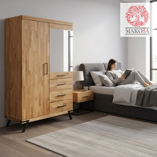 Шкаф для одежды из массива дуба Флеверс с зеркалом, 2 двери, 3 ящика, на металлических ножках