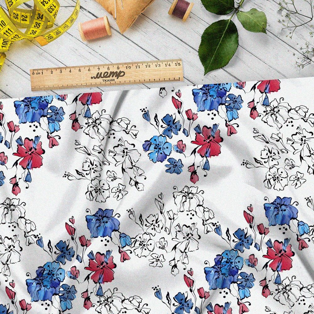 Ткань шифон полевые цветочки с контурами