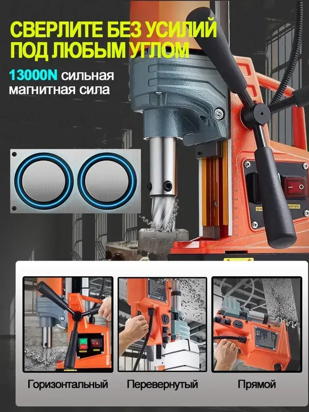 Магнитный сверлильный станок, промышленный класс, 1400 Вт, 810 об/мин, диаметр сверления 1,6 дюйма