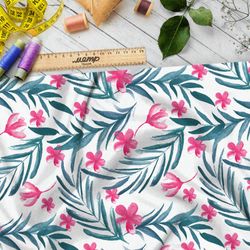 Ткань сатин розовые цветы и зелёные листья на белом фоне