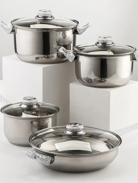 Набор Доляна «Марбл», 8 предметов: ковш 1,5 л, 2 кастрюли 2/3 л, сковорода d=24 см, 4 крышки, стенки 0,3 мм, дно 5 мм