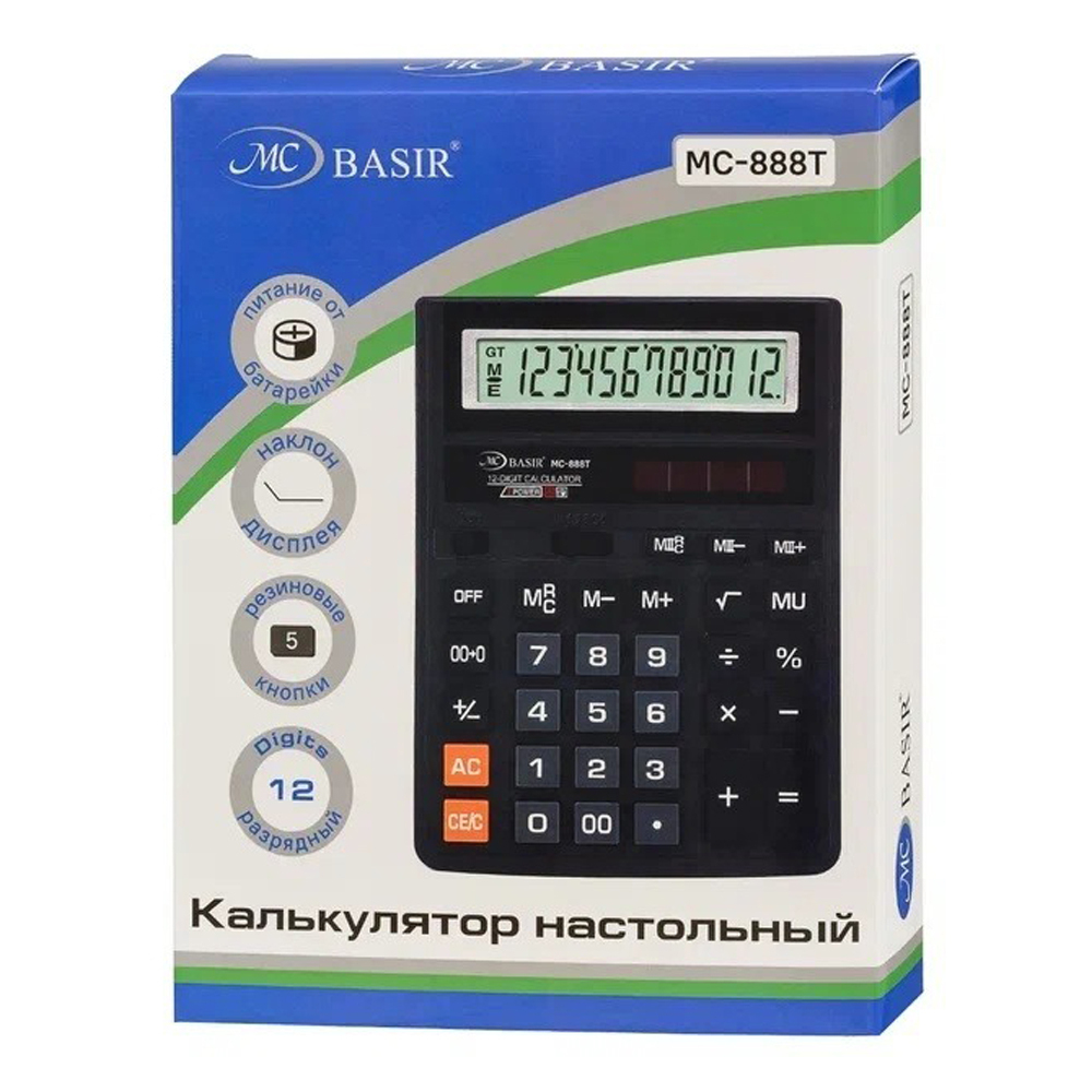 Калькулятор настольный Basir 12 Bit, двойное питание, LCD, 19*14.7*3 см, чёрный