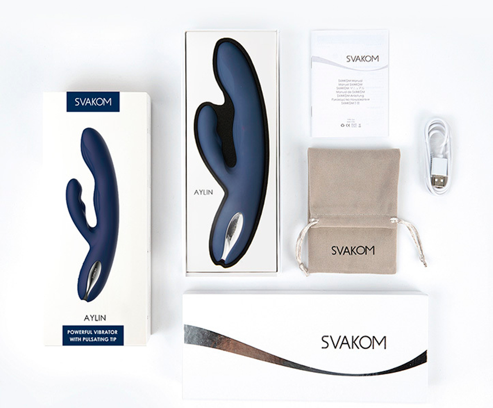 Синий вибратор-кролик 21,5см с пульсирующей головкой Svakom Aylin S106