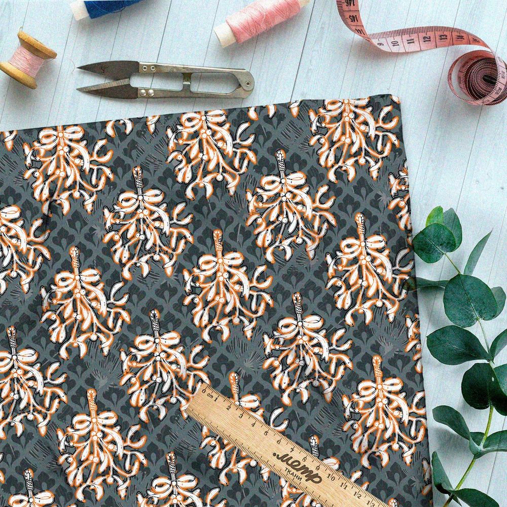 Ткань шелк Армани медные банты на вьющихся ветвях