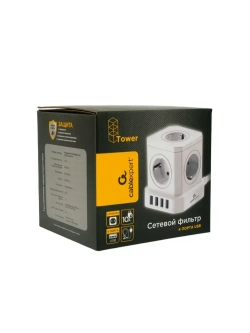 Сетевой фильтр Cablexpert Tower TWR-5-U4-W-2, 5р, 10А, 4хUSB, 2м, ур.защиты 4+, белый