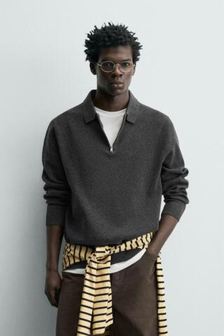 ZARA ТРИКОТАЖНОЕ ПОЛО НА МОЛНИИ, СЕРЫЙ МЕЛАНЖ