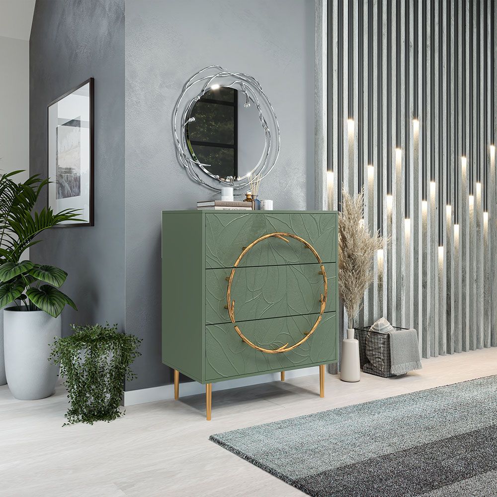 Комод Арт Колор leaves Стайл Голд с 3 ящиками Зеленый нефрит
