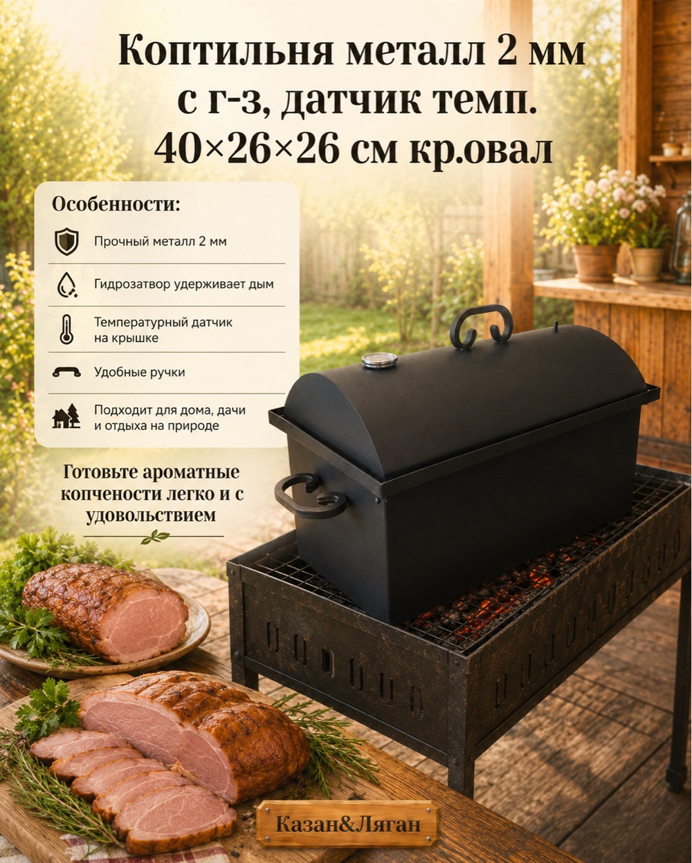 Коптильня металл 2 мм с г-з, датчик темп. 40*26*26 см кр.овал