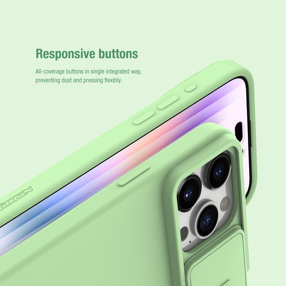 Чехол с MagSafe и с шелковистым покрытием ярко-зеленого цвета (Mint Green) от Nillkin для iPhone 15 Pro Max, серия CamShield Silky Magnetic Silicone Case