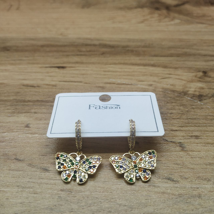 Серьги кольца Бабочка стразы цветные металл золотистый
