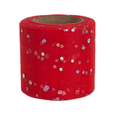 Лента (5,5 см*13,72 м) Фатин с пайетками, Красный, 1 шт.