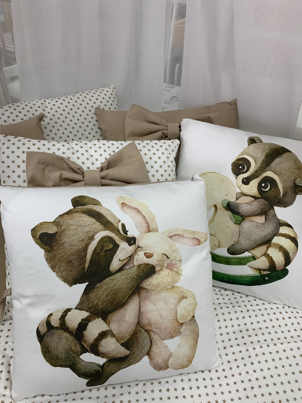 Комплект в кроватку 18 предметов "Енотики на качалке" коричневый, сатин