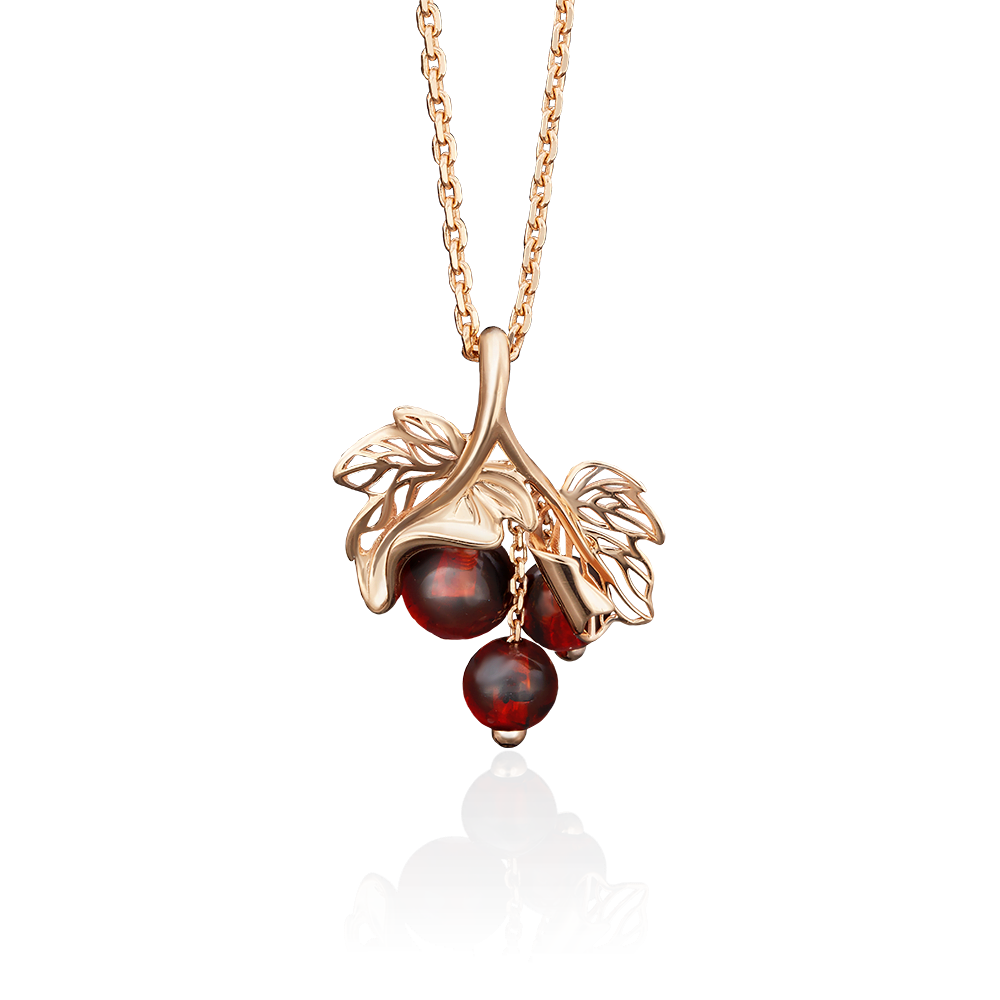 Подвеска «Веточка смородины» из красного золота с янтарём