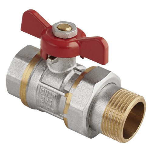 Кран латунный шаровой MVI AquaHit BV.320.04, DN 20, PN 25 бабочка, американка, полнопроходной, никелированный